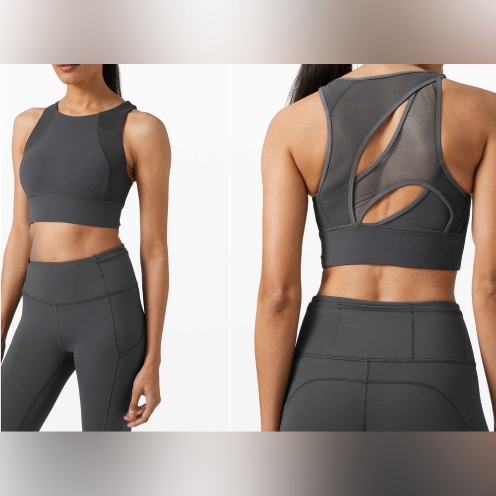 Lululemon Set Challenger Sports Bra Size 6 Graphite Grey Mesh High Neck